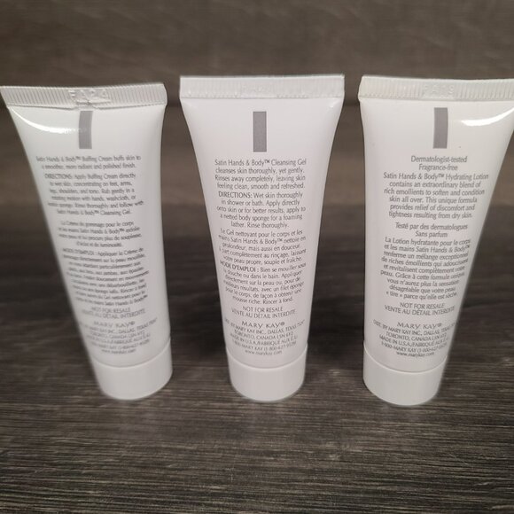 Mary Kay Satin Hands Buffing Cream Cleansing Gel Lotion .84 oz Travel x3 w/Plush - Picture 3 of 10
